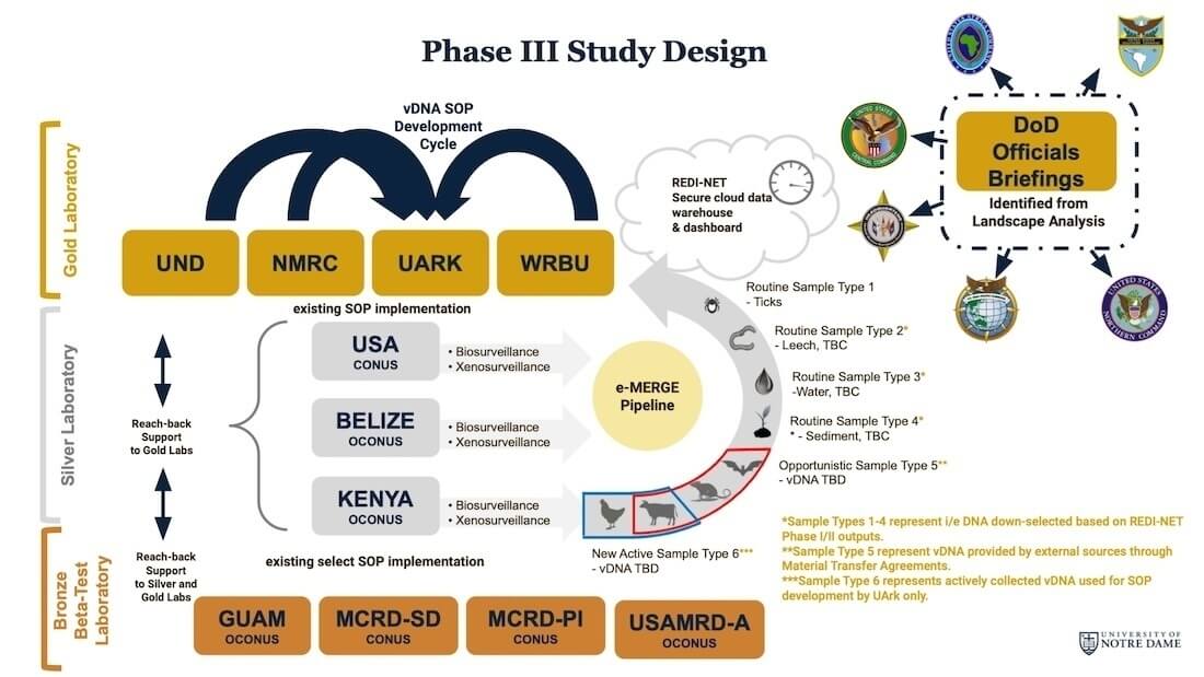This graphic illustrates the study design for Phase Three of the REDI-NET program, indicating the roles of each of the labs and the aims listed in the Our Approach page. A detailed description is available under Phase Three of the Our Approach page.