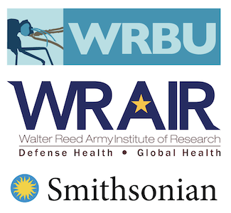Logos for Walter Reed Biosystematics Unit (WRBU), Walter Reed Army Institute of Research (WRAIR), and the Smithsonian Institute