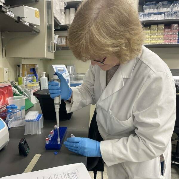 Michele Adams pipetting material into Eppendorf tubes.