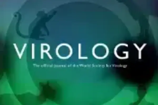 VIROLOGY journal cover with a purple to green gradient background. Silhouettes of various animals surround a central circle.